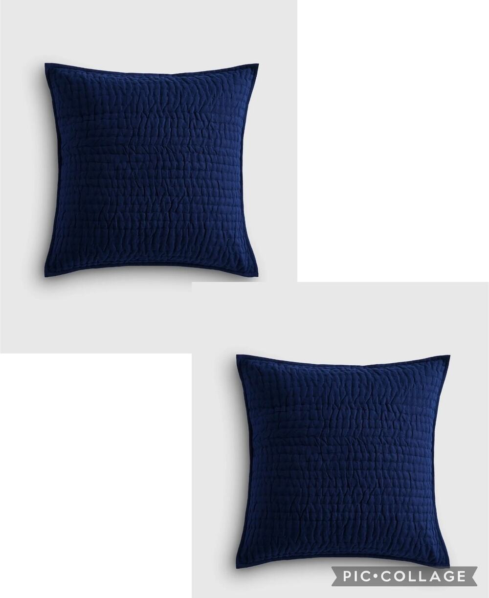 New Quince European Linen Cotton Stitch Euro Pillow Sham 2Pc Set Navy Blue 26x26